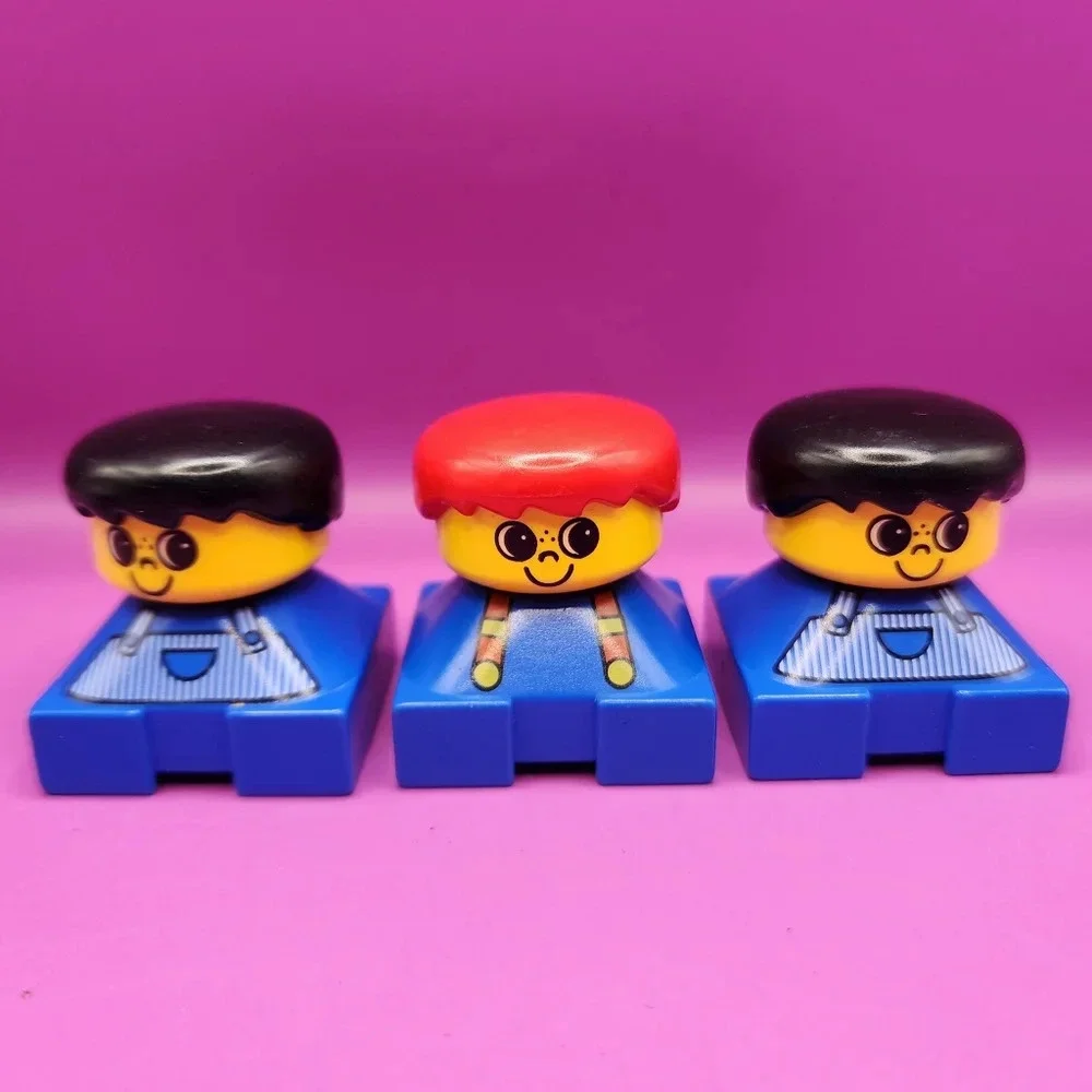 3 Vintage 90s Lego Duplo People 2x2 Square Figures Blue Red Black Hair